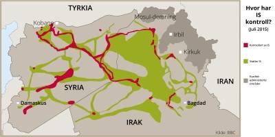 Kart over områder IS kontrollerer eller har støtte.